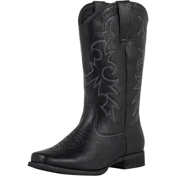 Black Women's Cowboy Square Toe Western Cowgirl Mid Wide Calf Embroidered Boots - Picture 1 of 8